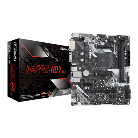 ASRock | B450M-HDV R4.0 | Processor family AMD | Processor socket AM4 | DDR4 DIMM | Memory slots 2 | Supported hard disk driv...